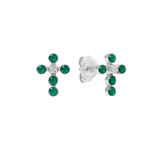 Gigi Clozeau - Pearled Cross Diamond Earrings, Emerald, White Gold