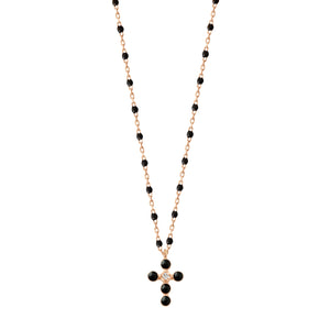 Gigi Clozeau - Pearled Cross Diamond Necklace, Black, Rose Gold, 16.5"